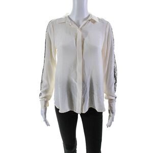TJ Collection Womens Silk Cream Lace Trim Long Sleeve Button Down Shirt Size S